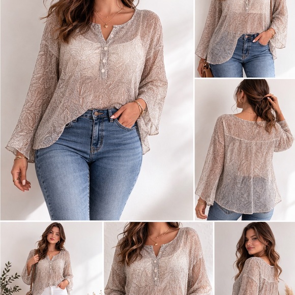 Apostrophe Sheer Layering Leaf Pattern Half Button Blouse in Brown & Tan 24W - Picture 2 of 8